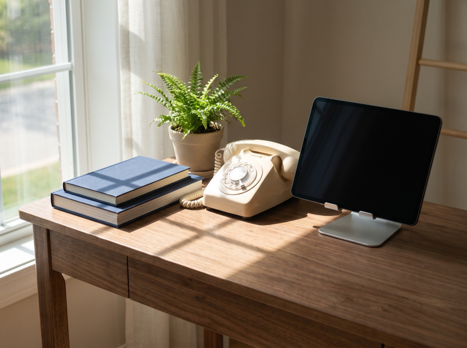 A cream desk telephone beside a tablet on a stand, on a walnut desk in morning sunlight