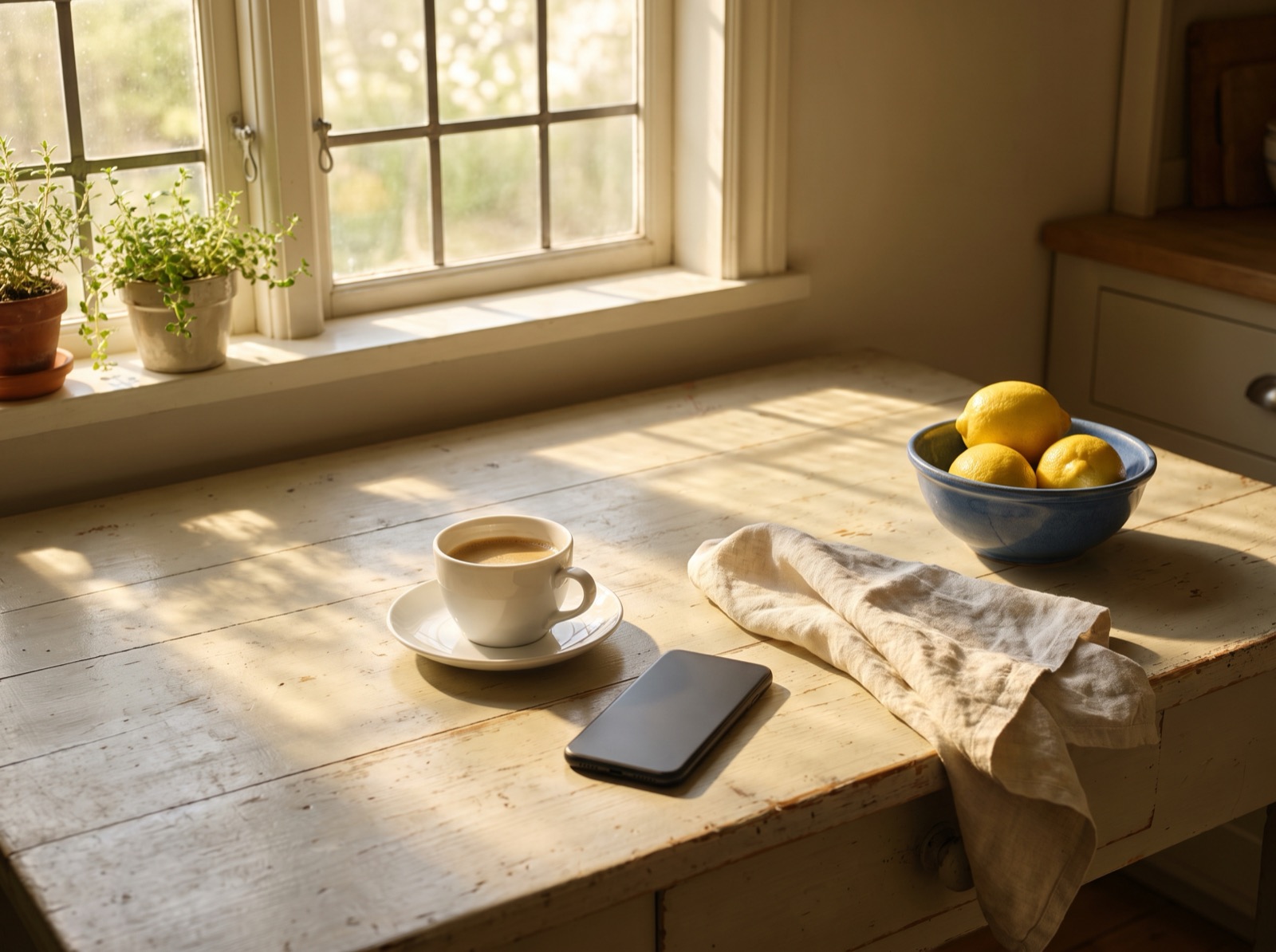 A cup of coffee and a phone on a sunlit wooden kitchen table beside a bowl of lemons