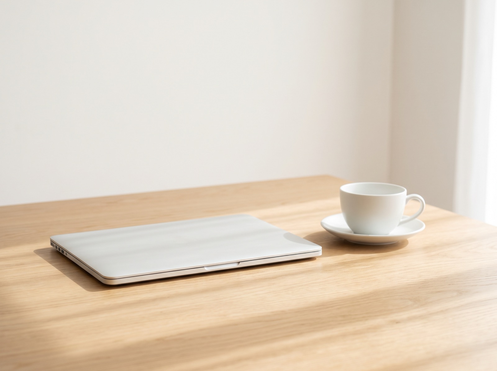 A closed laptop and a white ceramic cup on a light oak table in bright daylight
