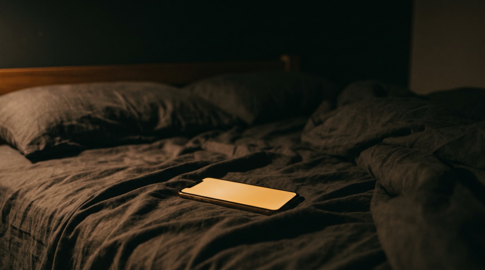 A smartphone glowing warm gold on dark linen at night