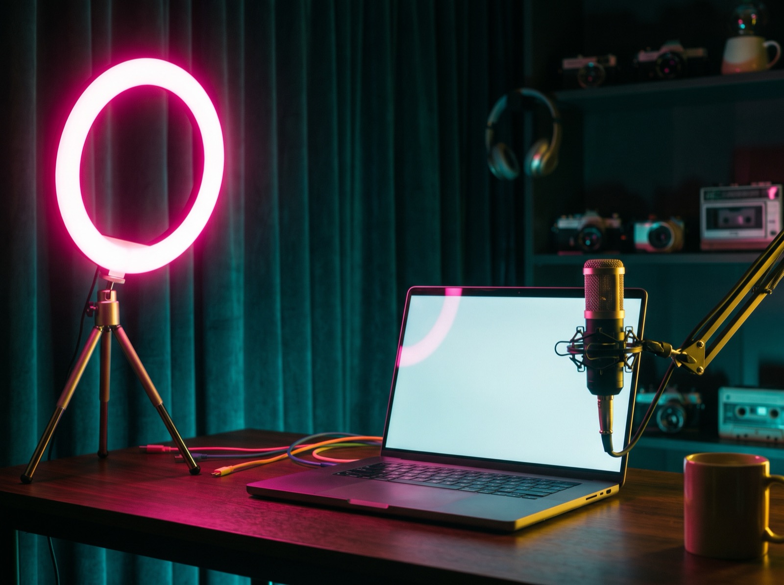 A creator desk with ring light, laptop and microphone under pink and yellow light