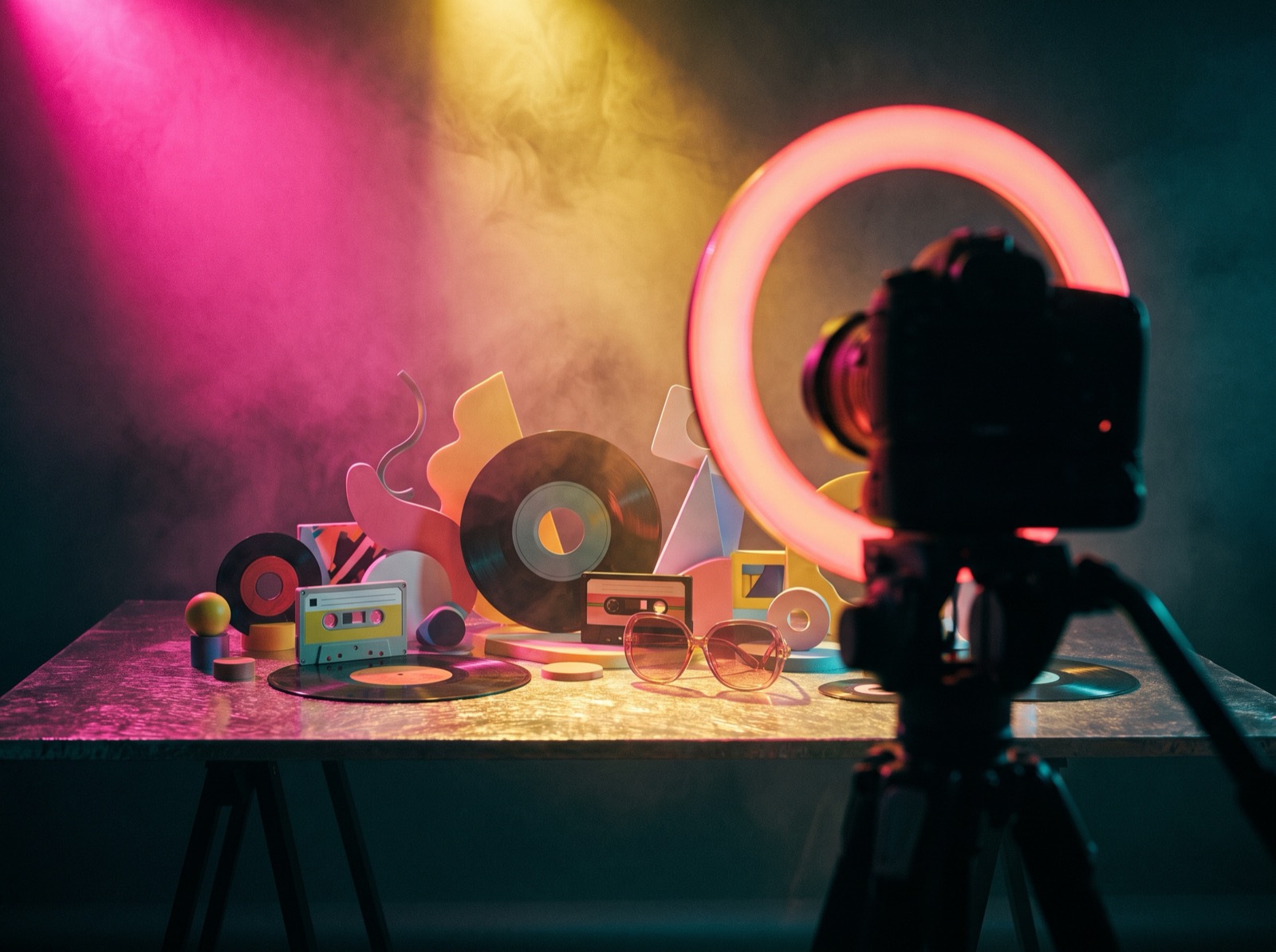 A ring light glowing red-pink through haze in a dark studio