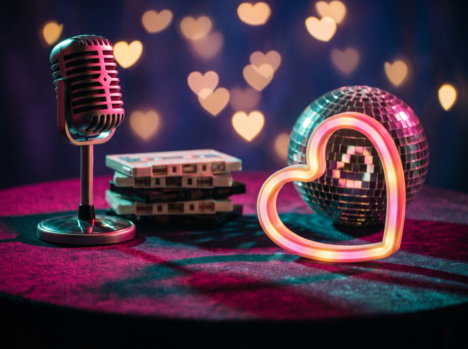 Heart-shaped bokeh lights in pink and gold, one heart in sharp focus